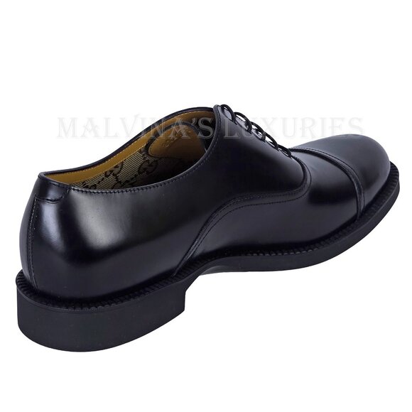 GUCCI SHOES MENS BLACK LEATHER TEMPE CAP OXFORD GG LOGO LINING sz 8 US 8.5 main image 12